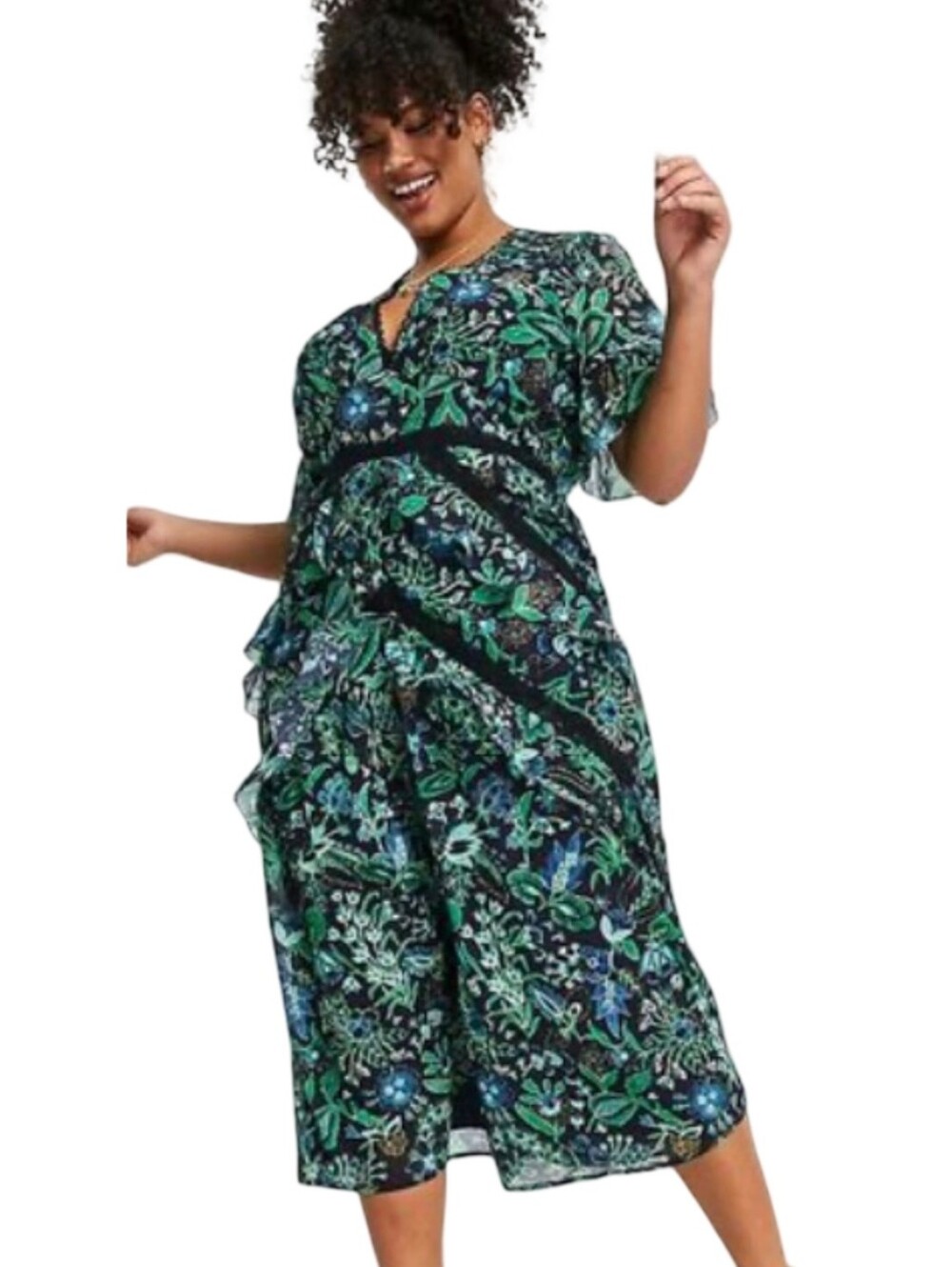 Hope & Ivy Womens Green Navy Floral Lace Trim Flutter Sleeve Midi Dress Size 20